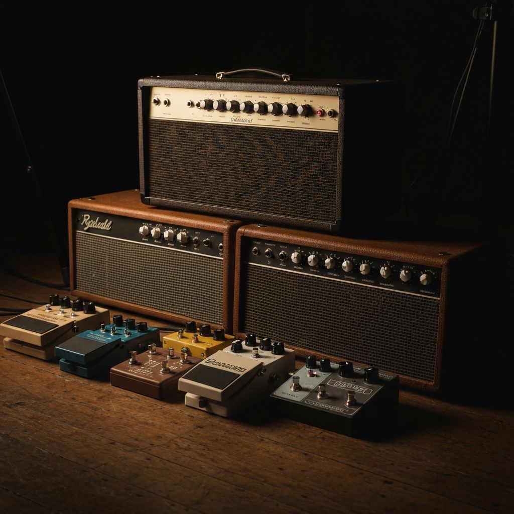 Vintage tube amplifier and guitar effects pedals arranged in a studio
