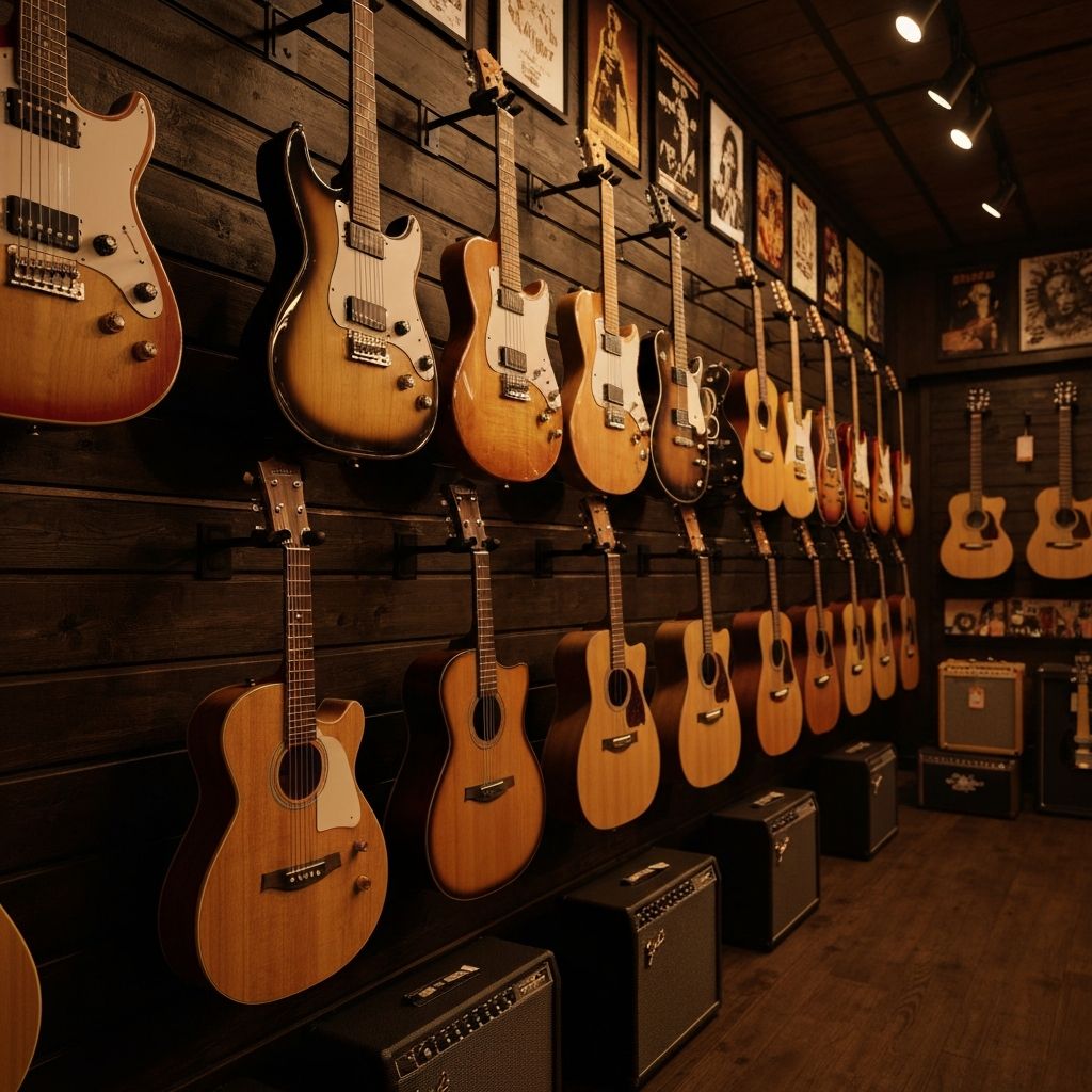 Collection of acoustic and electric guitars on a music shop wall